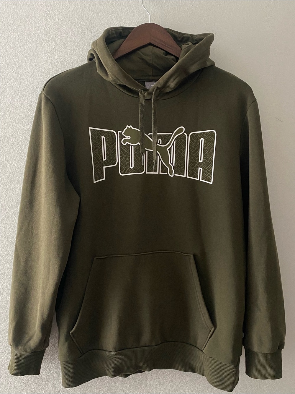 Puma Men's Hoodie Khaki 100% Cotton Fleece Lined Kangaroo Pocket Logo